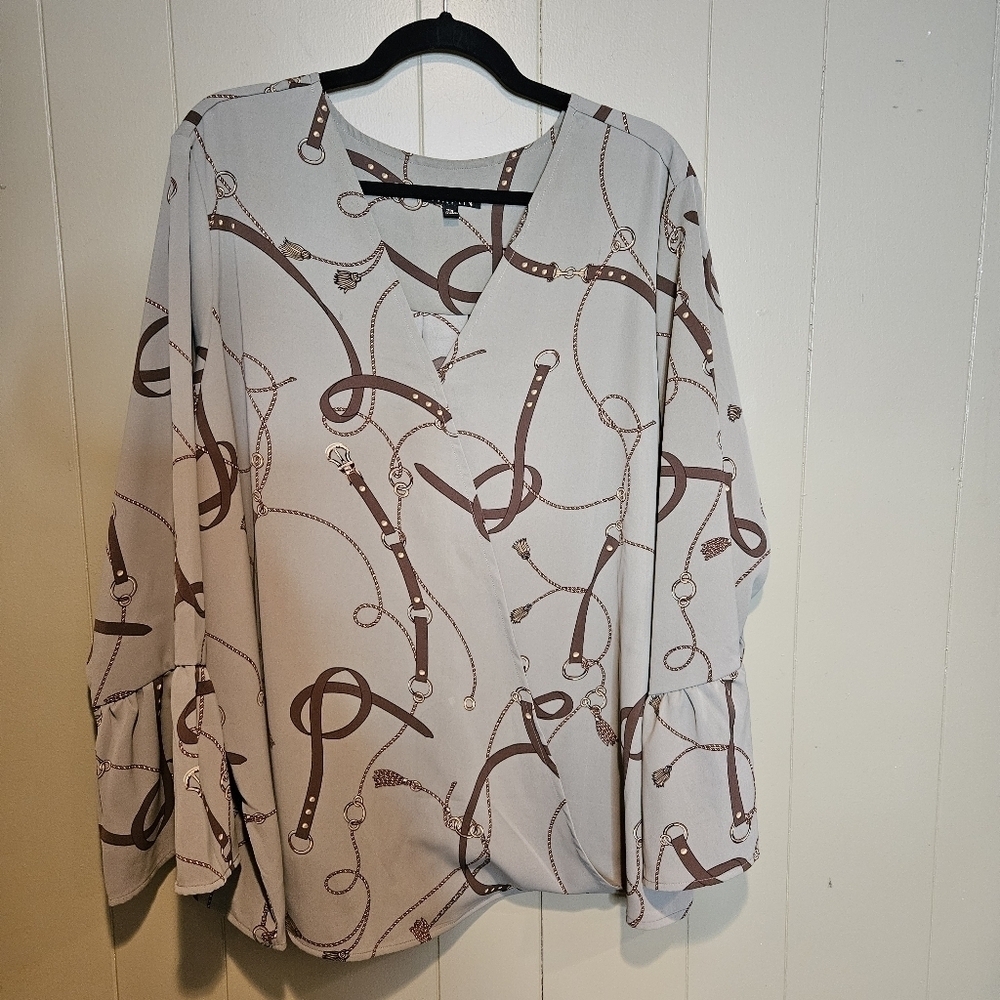IMAN Faux-Wrap Top with Bell Sleeves and Cowgirl, Western Print, Plus-Size 3X